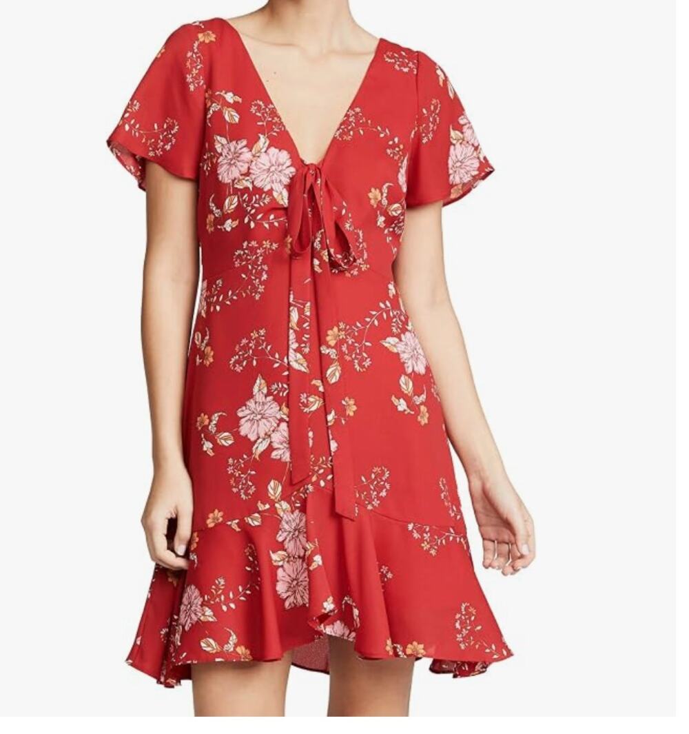 BB Dakota Red Floral Mini Dress Flutter Sleeve Tie Front 6